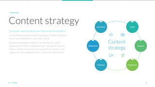 30
Con quali contenuti attireremo l’attenzione del pubblico?
La pianificazione della content strategy è simile all’attività
di un capo redazione di una rivista online.
Bisogna individuare le figure che individuano i giusti
argomenti, chi ha le competenze per svilupparli in forma
chiara, chi dovrà trovare la forma grafica e creativa e chi
supporterà tecnologicamente il canale che li distribuirà.
Content strategy
STRATEGIA
16
2
Misurazione Analisi
Ideazione
Progettazione
4
Produzione
Pubblicazione
Content
strategy
3
5
03 - Strategia
 