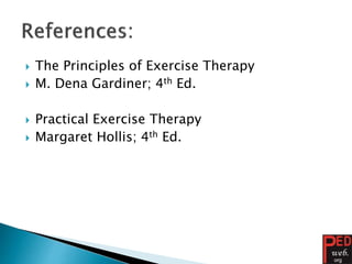  The Principles of Exercise Therapy
 M. Dena Gardiner; 4th Ed.
 Practical Exercise Therapy
 Margaret Hollis; 4th Ed.
 