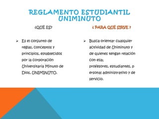 REGLAMENTO ESTUDIANTIL
UNIMINUTO
¿QUÉ ES?
 Es el conjunto de
reglas, conceptos y
principios, establecidos
por la corporación
Universitaria Minuto de
Dios, UNIMINUTO.
¿ PARA QUÉ SIRVE ?
 Busca orientar cualquier
actividad de Uniminuto y
de quienes tengan relación
con ella;
profesores, estudiantes, p
ersonal administrativo y de
servicio.
 