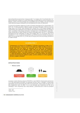 14 / CONNAISSANCE GÉNÉRALE DU PAYS
©
2021
-
BUSINESS
FRANCE
dans le Nord-Est et dans le Sud : Campanie (20,7 %), Calabre (25,3 %) et Sicile (26,6 %)7
.
Dans le Nord-Est, la région du Trentin-Haut-Adige, en particulier la province autonome de
Bolzano, abrite un fort pourcentage de sa population pour qui l’italien n’est pas la langue
maternelle (les langues pratiquées sont principalement le Ladin et l’Allemand).
La part de la population italienne qui parle une langue étrangère est en augmentation. En
2015, 60,1 % de la population italienne parlait une langue étrangère. Dans les tranches
d’âge entre 6 et 34 ans, cela concerne 80 % d’entre eux, ce qui laisse présager une
augmentation plus significative de la diffusion des langues étrangères dans les années à
venir. La pratique d’une langue étrangère n’échappe pas à des différences régionales :
l’Italie méridionale et l’Italie insulaire se situent davantage autour des 50 %. Les langues
étrangères les plus pratiquées en Italie sont l’anglais (48,1 %), le français (29,5 %) et
l’espagnol (11,1 %). La part de la population qui maîtrise le plus le français se trouve en
Italie nord-occidentale (36,8 %). À noter que le français est la seconde langue officielle de
la Vallée d’Aoste.
Le saviez-vous ?
Contrairement à la France et à l’Angleterre, l’unification linguistique en Italie n’a eu
lieu que tardivement. C’est au cours du XXe
siècle que l’italien se diffuse et fait son
entrée dans tous les foyers, en particulier par le biais des transmissions
radiophoniques et de la télévision. L’Italie reste tout de même une mosaïque
linguistique, surtout dans le cadre familial où seule 46 % de la population parle
principalement italien8
. Les autres langues et les dialectes restent très présents.
« L’atlas des langues en danger dans le monde » de l’Unesco estime, par exemple
que plus 5 M de personnes parlent le sicilien, 3,8 M le vénitien et 7,5 M le napolitain
(et leurs multiples variantes)9
.
INFRASTRUCTURES
• Réseau routier
Le réseau routier s’étend sur plus de 184 297 km, dont 6 943 km d’autoroutes (soit environ
10 % des autoroutes en Europe), en particulier au Nord. Deux « dorsales » d’autoroutes
descendent vers le Sud le long des côtes de la péninsule, mais le reste du pays en est
très inégalement doté. En effet, il n’y a, par exemple, pas d’autoroute sur l’île de la
Sardaigne, mais uniquement des voies express. L’autoroute est le mode de transport
7
ISTAT - 2015
8
ISTAT - 2015
9
UNESCO - 2020
 