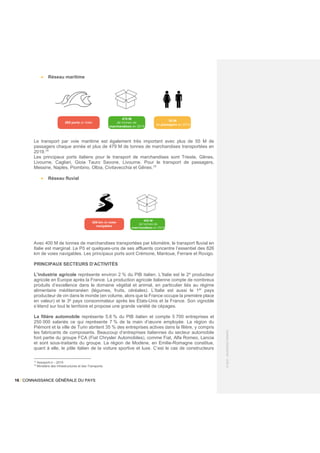 16 / CONNAISSANCE GÉNÉRALE DU PAYS
©
2021
-
BUSINESS
FRANCE
• Réseau maritime
Le transport par voie maritime est également très important avec plus de 55 M de
passagers chaque année et plus de 479 M de tonnes de marchandises transportées en
2019.14
Les principaux ports italiens pour le transport de marchandises sont Trieste, Gênes,
Livourne, Cagliari, Gioia Tauro Savone, Livourne. Pour le transport de passagers,
Messine, Naples, Piombino, Olbia, Civitavecchia et Gênes.15
• Réseau fluvial
Avec 400 M de tonnes de marchandises transportées par kilomètre, le transport fluvial en
Italie est marginal. Le Pô et quelques-uns de ses affluents concentre l’essentiel des 826
km de voies navigables. Les principaux ports sont Crémone, Mantoue, Ferrare et Rovigo.
PRINCIPAUX SECTEURS D’ACTIVITÉS
L’industrie agricole représente environ 2 % du PIB italien. L’Italie est le 2e
producteur
agricole en Europe après la France. La production agricole italienne compte de nombreux
produits d’excellence dans le domaine végétal et animal, en particulier liés au régime
alimentaire méditerranéen (légumes, fruits, céréales). L’Italie est aussi le 1er
pays
producteur de vin dans le monde (en volume, alors que la France occupe la première place
en valeur) et le 3e
pays consommateur après les États-Unis et la France. Son vignoble
s’étend sur tout le territoire et propose une grande variété de cépages.
La filière automobile représente 5,6 % du PIB italien et compte 5 700 entreprises et
250 000 salariés ce qui représente 7 % de la main d’œuvre employée. La région du
Piémont et la ville de Turin abritent 35 % des entreprises actives dans la filière, y compris
les fabricants de composants. Beaucoup d’entreprises italiennes du secteur automobile
font partie du groupe FCA (Fiat Chrysler Automobiles), comme Fiat, Alfa Romeo, Lancia
et sont sous-traitants du groupe. La région de Modène, en Emilie-Romagne constitue,
quant à elle, le pôle italien de la voiture sportive et luxe. C’est le cas de constructeurs
14
Assoporti.it – 2019
15
Ministère des Infrastructures et des Transports
 