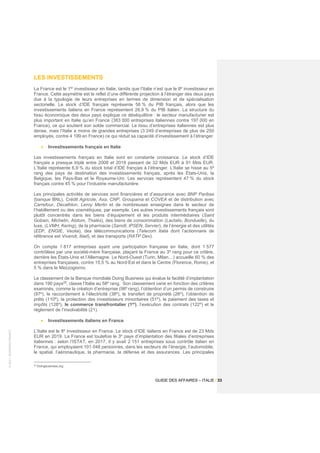 ©
2021
-
BUSINESS
FRANCE
GUIDE DES AFFAIRES – ITALIE / 33
LES INVESTISSEMENTS
La France est le 1er
investisseur en Italie, tandis que l’Italie n’est que le 8e
investisseur en
France. Cette asymétrie est le reflet d’une différente projection à l’étranger des deux pays
due à la typologie de leurs entreprises en termes de dimension et de spécialisation
sectorielle. Le stock d’IDE français représente 56 % du PIB français, alors que les
investissements italiens en France représentent 26,9 % du PIB italien. La structure du
tissu économique des deux pays explique ce déséquilibre : le secteur manufacturier est
plus important en Italie qu’en France (383 000 entreprises italiennes contre 197 000 en
France), ce qui soutient son solde commercial. Le tissu d’entreprises italiennes est plus
dense, mais l’Italie a moins de grandes entreprises (3 249 d’entreprises de plus de 250
employés, contre 4 199 en France) ce qui réduit sa capacité d’investissement à l’étranger.
• Investissements français en Italie
Les investissements français en Italie sont en constante croissance. Le stock d’IDE
français a presque triplé entre 2008 et 2018 passant de 32 Mds EUR à 91 Mds EUR.
L’Italie représente 6,9 % du stock total d’IDE français à l’étranger. L’Italie se hisse au 5e
rang des pays de destination des investissements français, après les États-Unis, la
Belgique, les Pays-Bas et le Royaume-Uni. Les services représentent 47 % du stock
français contre 45 % pour l’industrie manufacturière.
Les principales activités de services sont financières et d’assurance avec BNP Paribas
(banque BNL), Crédit Agricole, Axa, CNP, Groupama et COVEA et de distribution avec
Carrefour, Decathlon, Leroy Merlin et de nombreuses enseignes dans le secteur de
l’habillement ou des cosmétiques, par exemple. Les autres investissements français sont
plutôt concentrés dans les biens d’équipement et les produits intermédiaires (Saint
Gobain, Michelin, Alstom, Thalès), des biens de consommation (Lactalis, Bonduelle), du
luxe, (LVMH, Kering), de la pharmacie (Sanofi, IPSEN, Servier), de l’énergie et des utilités
(EDF, ENGIE, Veolia), des télécommunications (Telecom Italia dont l’actionnaire de
référence est Vivendi, Iliad), et des transports (RATP Dev).
On compte 1 817 entreprises ayant une participation française en Italie, dont 1 577
contrôlées par une société-mère française, plaçant la France au 3e
rang pour ce critère,
derrière les États-Unis et l’Allemagne. Le Nord-Ouest (Turin, Milan…) accueille 60 % des
entreprises françaises, contre 15,5 % au Nord-Est et dans le Centre (Florence, Rome), et
5 % dans le Mezzogiorno.
Le classement de la Banque mondiale Doing Business qui évalue la facilité d’implantation
dans 190 pays26
, classe l’Italie au 58e
rang. Son classement varie en fonction des critères
examinés, comme la création d’entreprise (98e
rang), l’obtention d’un permis de construire
(97e
), le raccordement à l’électricité (38e
), le transfert de propriété (26e
), l’obtention de
prêts (110e
), la protection des investisseurs minoritaires (51e
), le paiement des taxes et
impôts (128e
), le commerce transfrontalier (1er
), l’exécution des contrats (122e
) et le
règlement de l’insolvabilité (21).
• Investissements italiens en France
L’Italie est le 8e
investisseur en France. Le stock d’IDE italiens en France est de 23 Mds
EUR en 2019. La France est toutefois le 3e
pays d’implantation des filiales d’entreprises
italiennes : selon l’ISTAT, en 2017, il y avait 2 151 entreprises sous contrôle italien en
France, qui employaient 101 048 personnes, dans les secteurs de l’énergie, l’automobile,
le spatial, l’aéronautique, la pharmacie, la défense et des assurances. Les principales
26
Doingbusiness.org
 
