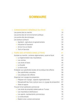 SOMMAIRE
1. CONNAISSANCE GÉNÉRALE DU PAYS 13
Les points-clés du marché 15
Les points-clés de l’environnement politique 21
Les points-clés des échanges 25
Les secteurs porteurs 33
• Agrotech - agriculture et agroalimentaire 33
• Industries & Cleantech 34
• Art de Vivre et Santé 36
• Tech et Services 38
2. FAIRE DES AFFAIRES DANS LE PAYS 41
Accéder au marché : contexte réglementaire, social et fiscal 43
• La réglementation des importations 43
• Les normes 44
• Les droits et taxes 45
• La fiscalité 47
• Le droit social 55
S’adapter aux spécificités locales de la pratique des affaires 58
• Des spécificités culturelles 58
• Les pratiques des affaires 59
Organiser son voyage de prospection 63
• Préparer son voyage : aspects organisationnels 63
• Récapitulatif des frais à prévoir pour un voyage de prospection 67
• Aides et appuis 69
Trouver le bon partenaire commercial 75
• Les droits de propriété intellectuelle en Tunisie 75
• Les importateurs-distributeurs 76
• Les agents, représentants commerciaux 76
• La vente directe 77
• Établir le bon contrat commercial 77
 