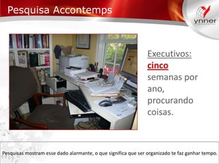 Pesquisa Accontemps

Executivos:
cinco
semanas por
ano,
procurando
coisas.

Pesquisas mostram esse dado alarmante, o que significa que ser organizado te faz ganhar tempo.

 