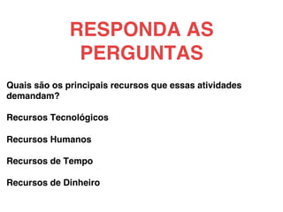 Quais são os principais recursos que essas atividades
demandam? !
!
Recursos Tecnológicos!
!
Recursos Humanos!
!
Recursos de Tempo!
!
Recursos de Dinheiro!
RESPONDA AS
PERGUNTAS!
 