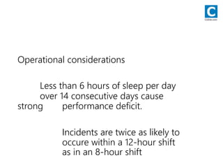 Operational considerations
Less than 6 hours of sleep per day
over 14 consecutive days cause
strong performance deficit.
Incidents are twice as likely to
occure within a 12-hour shift
as in an 8-hour shift
CODie.com
 