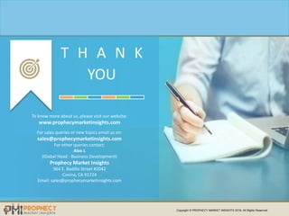 T H A N K
YOU
To know more about us, please visit our website:
www.prophecymarketinsights.com
For sales queries or new topics email us on:
sales@prophecymarketinsights.com
For other queries contact:
Alex L
(Global Head - Business Development)
Prophecy Market Insights
964 E. Badillo Street #2042
Covina, CA 91724
Email: sales@prophecymarketinsights.com
Copyright © PROPHECY MARKET INSIGHTS 2019, All Rights Reserved
 