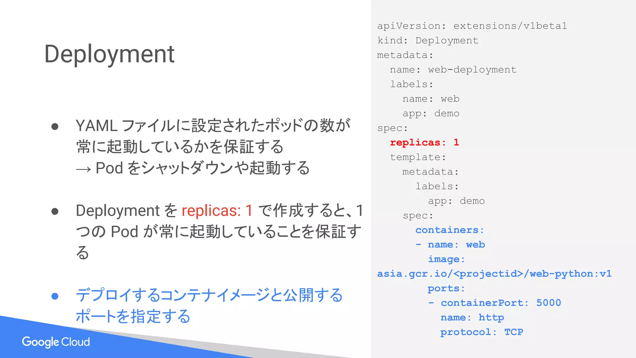 Deployment
● YAML ファイルに設定されたポッドの数が
常に起動しているかを保証する
→ Pod をシャットダウンや起動する
● Deployment を replicas: 1 で作成すると、1
つの Pod が常に起動していることを保証す
る
● デプロイするコンテナイメージと公開する
ポートを指定する
apiVersion: extensions/v1beta1
kind: Deployment
metadata:
name: web-deployment
labels:
name: web
app: demo
spec:
replicas: 1
template:
metadata:
labels:
app: demo
spec:
containers:
- name: web
image:
asia.gcr.io/<projectid>/web-python:v1
ports:
- containerPort: 5000
name: http
protocol: TCP
 