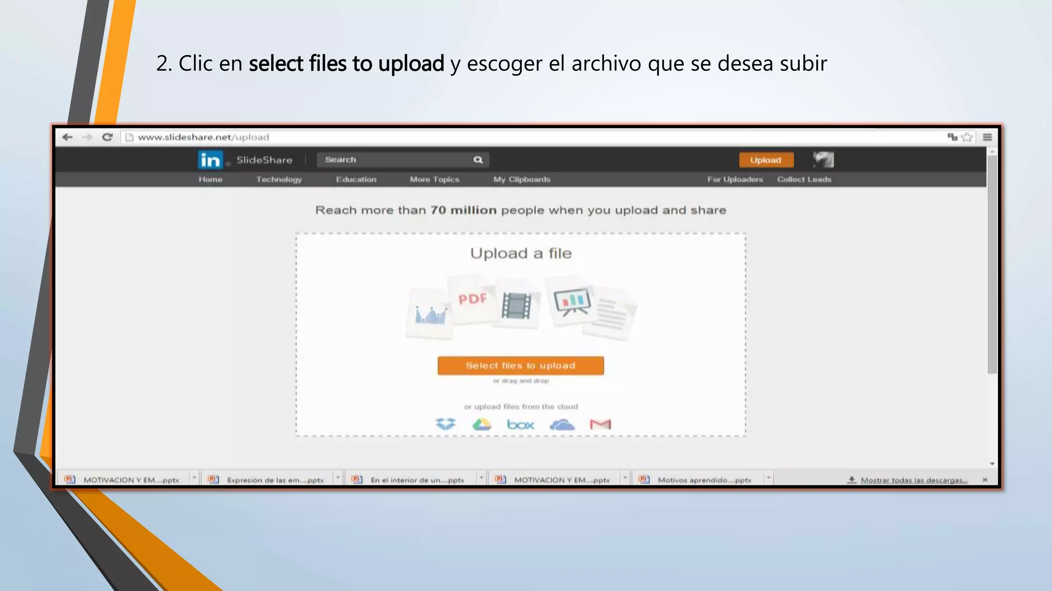 2. Clic en select files to upload y escoger el archivo que se desea subir
 