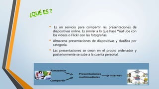 • Es un servicio para compartir las presentaciones de
diapositivas online. Es similar a lo que hace YouTube con
los videos o Flickr con las fotografías.
• Almacena presentaciones de diapositivas y clasifica por
categoría.
• Las presentaciones se crean en el propio ordenador y
posteriormente se sube a la cuenta personal.
 