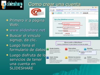 Primero ir a página Web: www.slideshare.net Buscar el vinculo signup, da clic. Luego llena el formulario de datos Luego disfruta de los servicios de tener una cuenta en SLIDESHARE Como crear una cuenta  