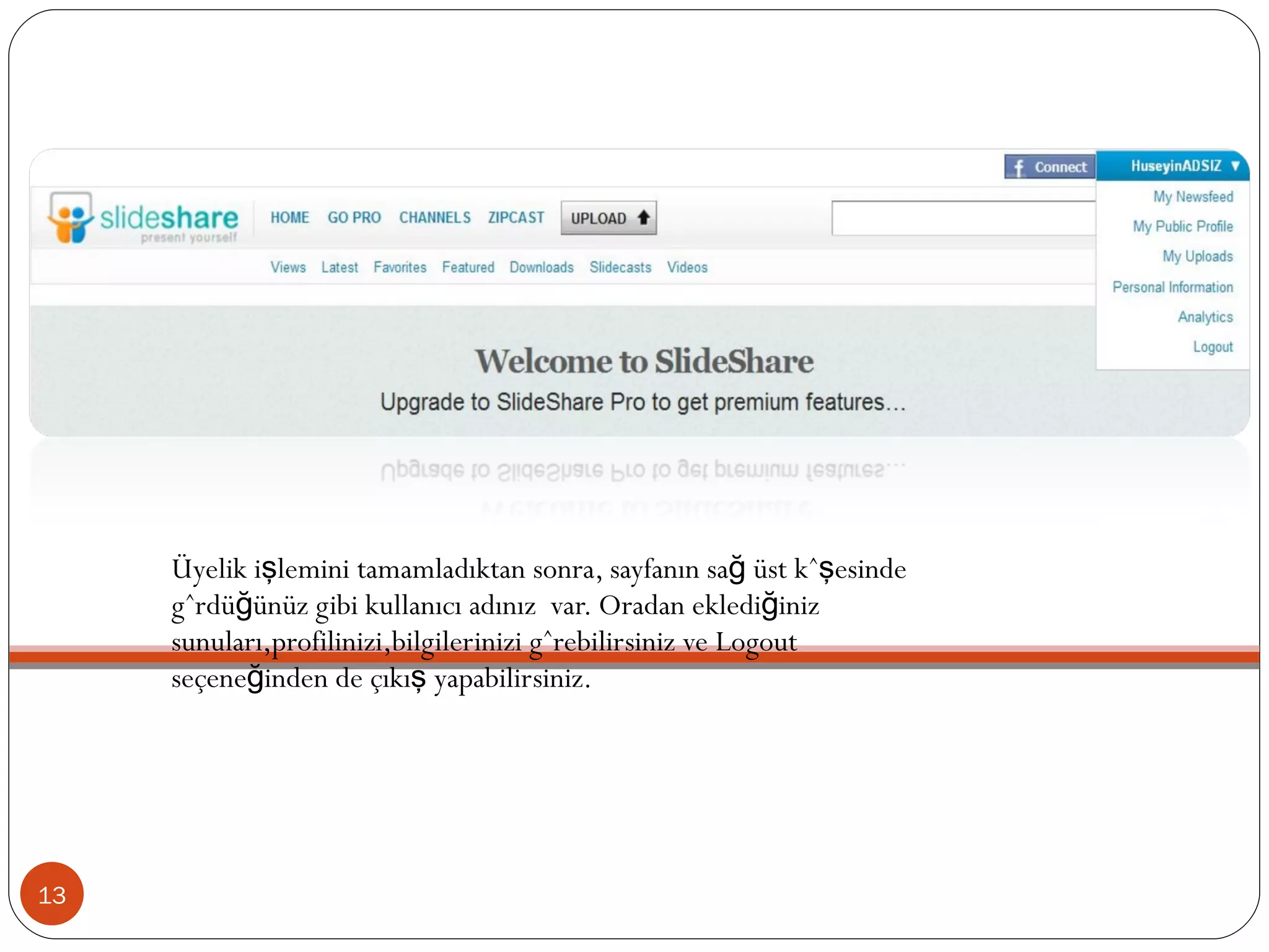 Üyelik işlemini tamamladıktan sonra, sayfanın sağ üst köşesinde gördüğünüz gibi kullanıcı adınız  var. Oradan eklediğiniz sunuları,profilinizi,bilgilerinizi görebilirsiniz ve Logout seçeneğinden de çıkış yapabilirsiniz. 
