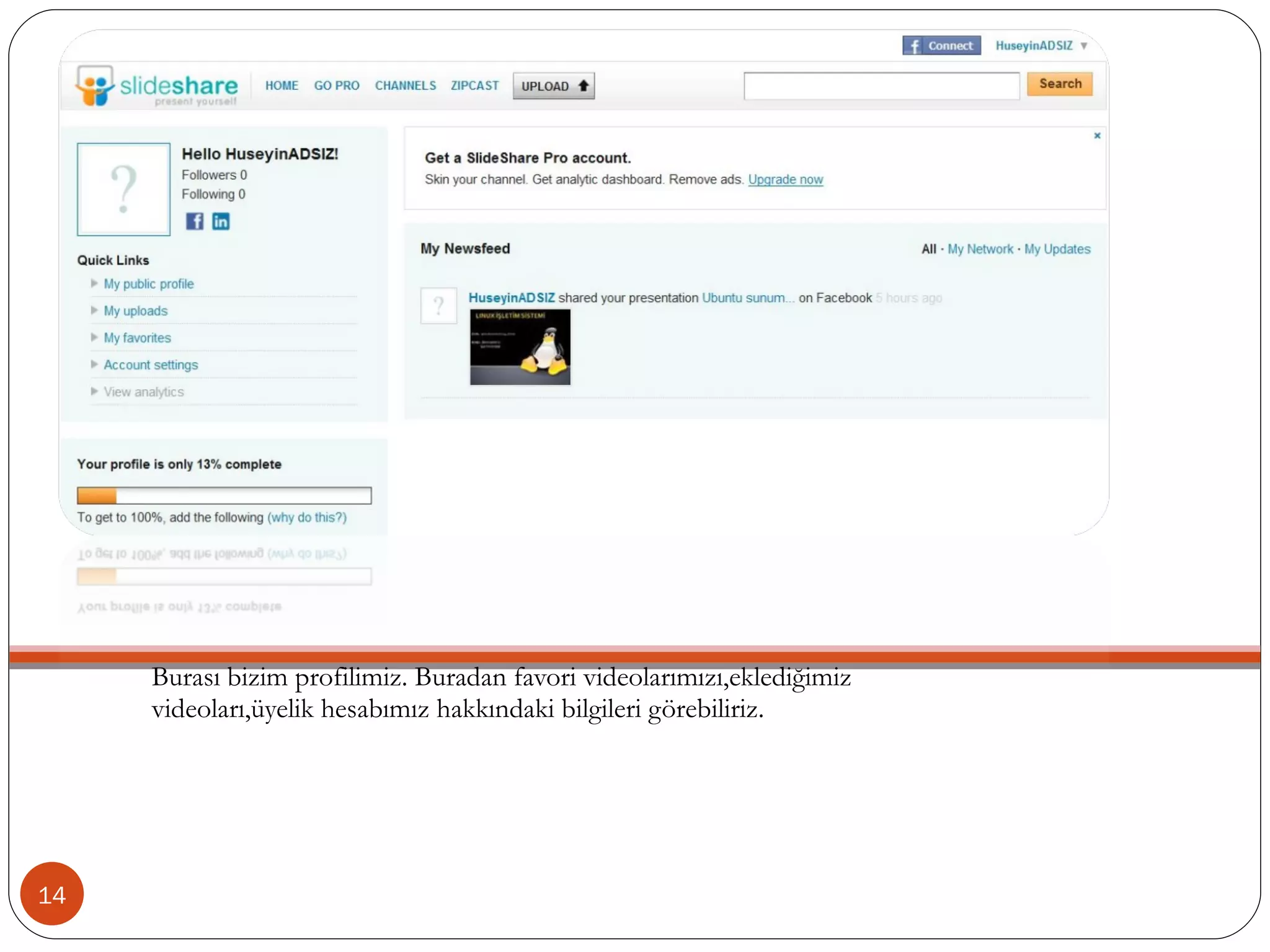 Burası bizim profilimiz. Buradan favori videolarımızı,eklediğimiz videoları,üyelik hesabımız hakkındaki bilgileri görebiliriz. 