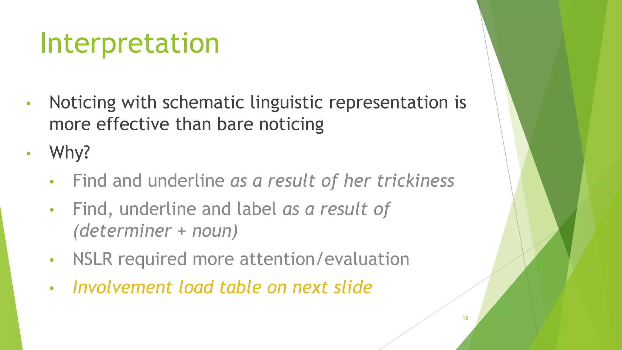 Interpretation
•

Noticing with schematic linguistic representation is
more effective than bare noticing

•

Why?
•

Find and underline as a result of her trickiness

•

Find, underline and label as a result of
(determiner + noun)

•

NSLR required more attention/evaluation

•

Involvement load table on next slide
15

 