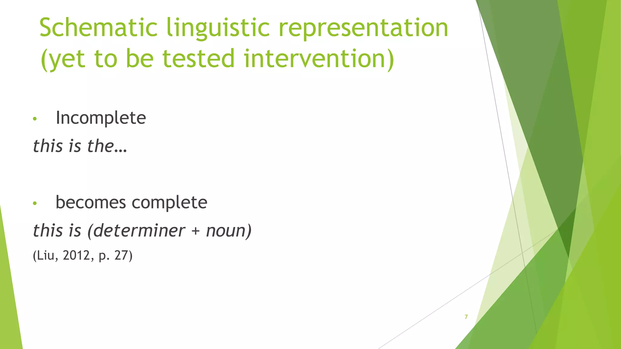 Schematic linguistic representation
(yet to be tested intervention)
•

Incomplete

this is the…
•

becomes complete

this is (determiner + noun)
(Liu, 2012, p. 27)

7

 
