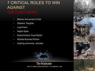 • Believer and servant of God
• Obedient Daughter
• Loyal friend
• Helpful Sister
• Expert Actress/ Visual Stylist/
• Reliable Business Partner
• Inspiring community volunteer
7 CRITICAL ROLES TO WIN
AGAINST
GROUND ZERO_
 