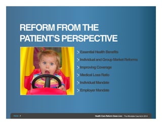 REFORM FROM THE !
PATIENT’S PERSPECTIVE
!
Essential Health Benefits!
Individual and Group Market Reforms!
Improving Covera...