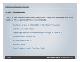 Points of Intersection!

!
The ACA has become inextricably connected to the laws of federal and state
taxation. These poin...