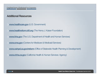 Additional Resources!
!
www.healthcare.gov (U.S. Government)!
www.healthreform.kff.org (The Henry J. Kaiser Foundation)!
w...