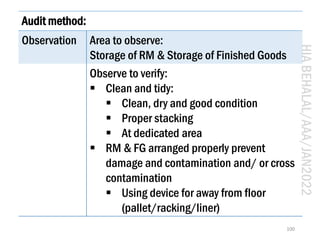 HIA
BEHALAL/AAA/JAN2022
100
Audit method:
Observation Area to observe:
Storage of RM & Storage of Finished Goods
Observe t...