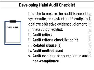 HIA
BEHALAL/AAA/JAN2022
CHECKLIST
Developing Halal Audit Checklist
In order to ensure the audit is smooth,
systematic, con...