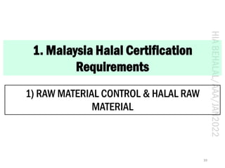 HIA
BEHALAL/AAA/JAN2022
1. Malaysia Halal Certification
Requirements
1) RAW MATERIAL CONTROL & HALAL RAW
MATERIAL
39
 