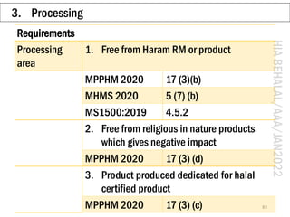 HIA
BEHALAL/AAA/JAN2022
3. Processing
83
Requirements
Processing
area
1. Free from Haram RM or product
MPPHM 2020 17 (3)(b...