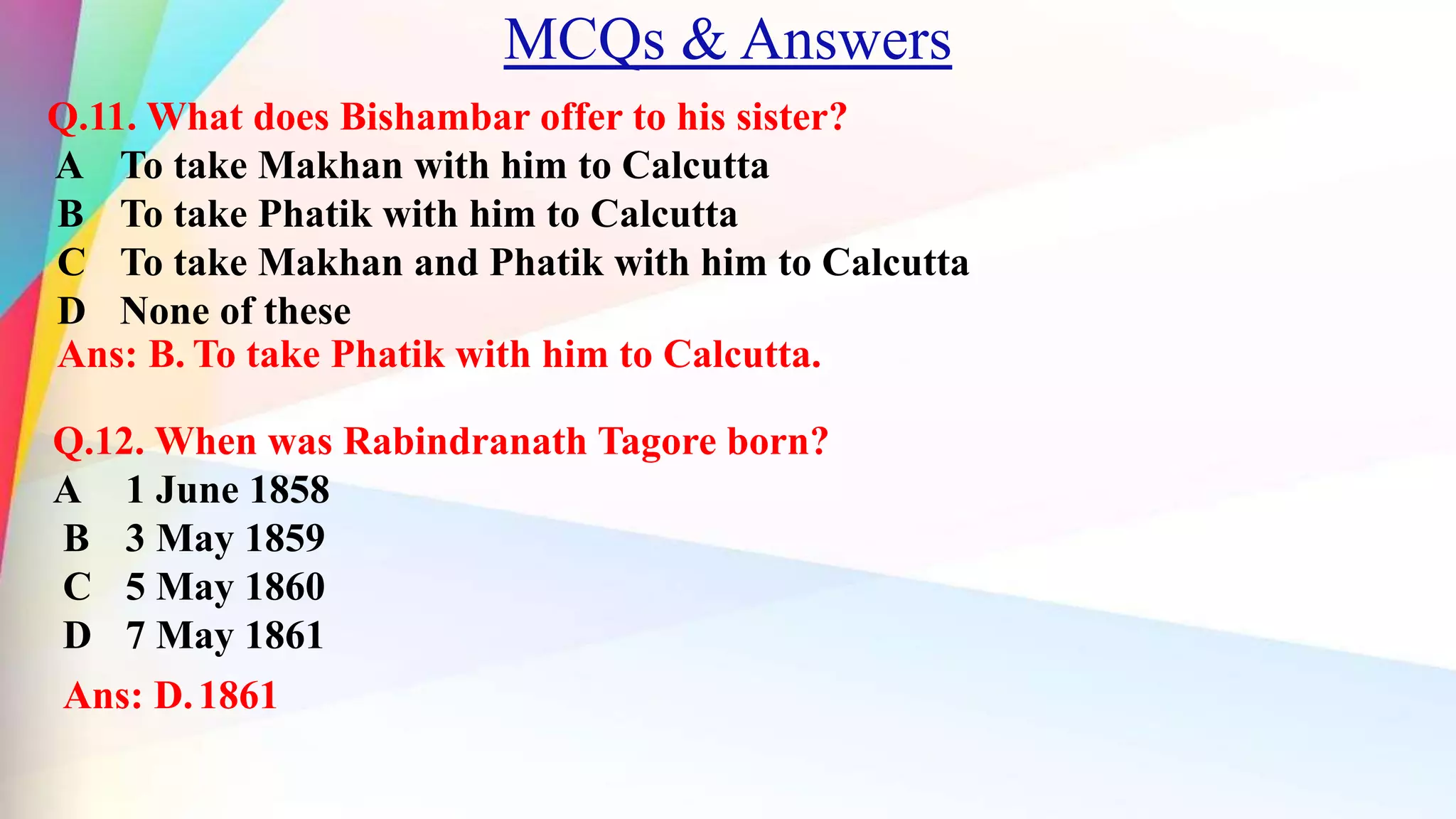 Homecoming By Rabindranath Tagore Question Answers MCQs_PPT_Homecoming By Rabindranath Tagore | PPT
