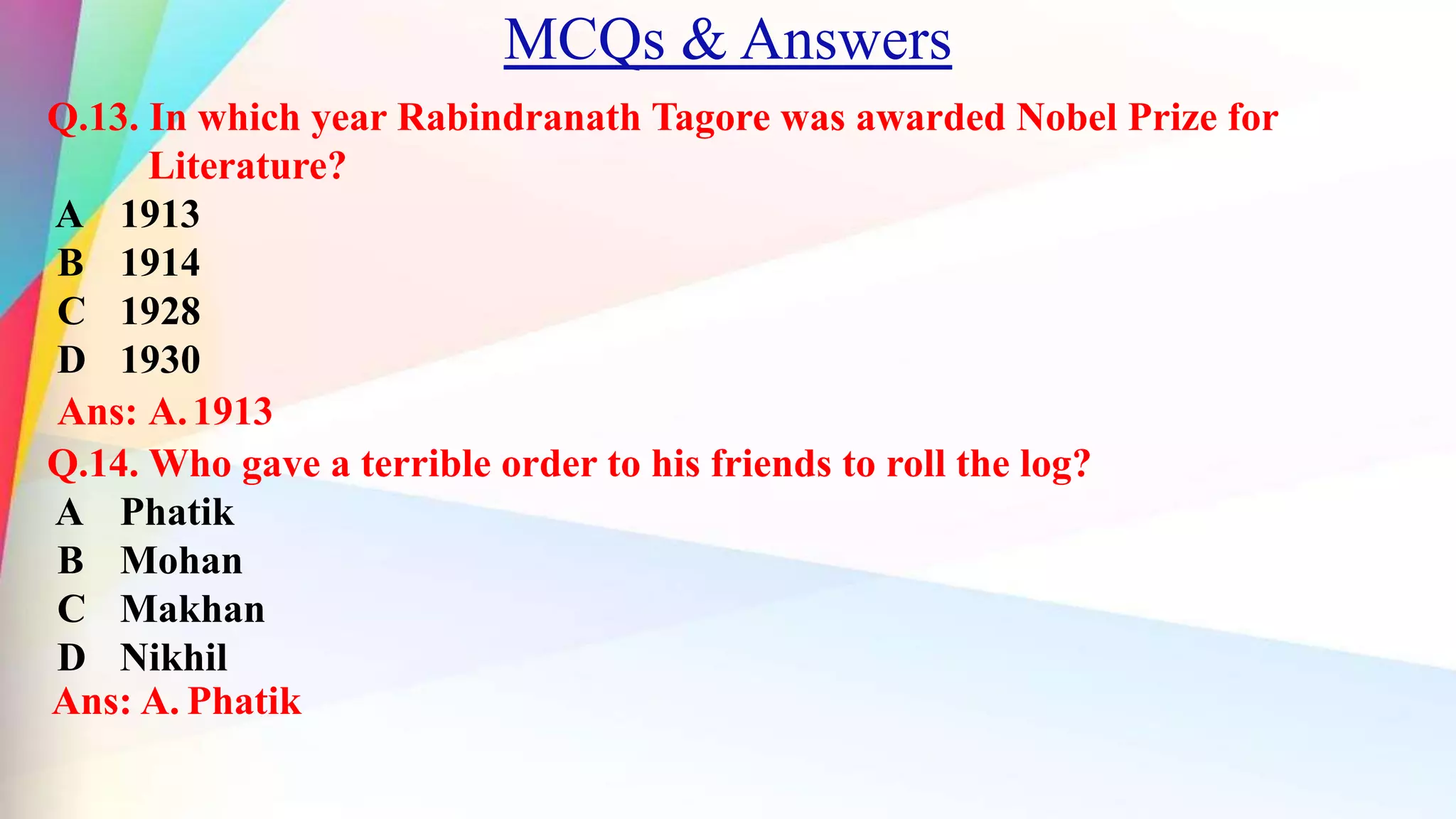 Homecoming By Rabindranath Tagore Question Answers MCQs_PPT_Homecoming By Rabindranath Tagore | PPT