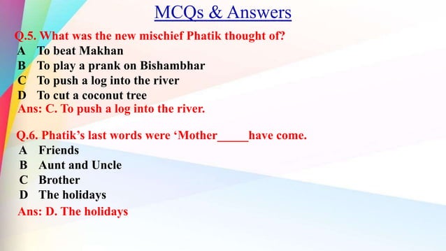 Homecoming By Rabindranath Tagore Question Answers MCQs_PPT_Homecoming By Rabindranath Tagore | PPT