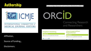 Authorship
Affiliation,
Source of funding,,
Disclaimers.
Register at Open Researcher and Contributor Identification (ORCID)
 
