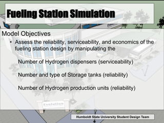 Humboldt State University Student Design Team
Fueling Station Simulation
Model Objectives
• Assess the reliability, serviceability, and economics of the
fueling station design by manipulating the
Number of Hydrogen dispensers (serviceability)
Number and type of Storage tanks (reliability)
Number of Hydrogen production units (reliability)
 