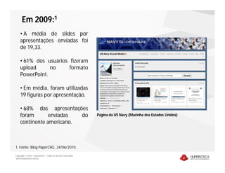 Em 2009:1
    • A média de slides por
    apresentações enviadas foi
    de 19,33.

    • 61% dos usuários fizeram
    upload      no     formato
    PowerPoint.

    • Em média, foram utilizadas
    19 figuras por apresentação.

    • 68% das apresentações
    foram       enviadas  do                                  Página da US Navy (Marinha dos Estados Unidos)
    continente americano.



1. Fonte: Blog PaperCliQ, 24/06/2010.

Copyright © 2010 – Humantech – Todos os direitos reservados
www.humantech.com.br
 