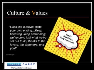 Culture & Values
“Life’s like a movie, write
your own ending…Keep
believing, keep pretending;
we’ve done just what we’ve
set out to do, thanks to the
lovers, the dreamers, and
you!”
Source: Muppets
 