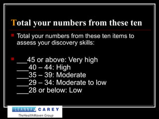 Total your numbers from these ten
 Total your numbers from these ten items to
assess your discovery skills:
 ___45 or above: Very high
___40 – 44: High
___35 – 39: Moderate
___29 – 34: Moderate to low
___28 or below: Low
 