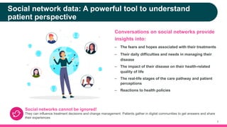 7
Conversations on social networks provide
insights into:
– The fears and hopes associated with their treatments
– Their d...