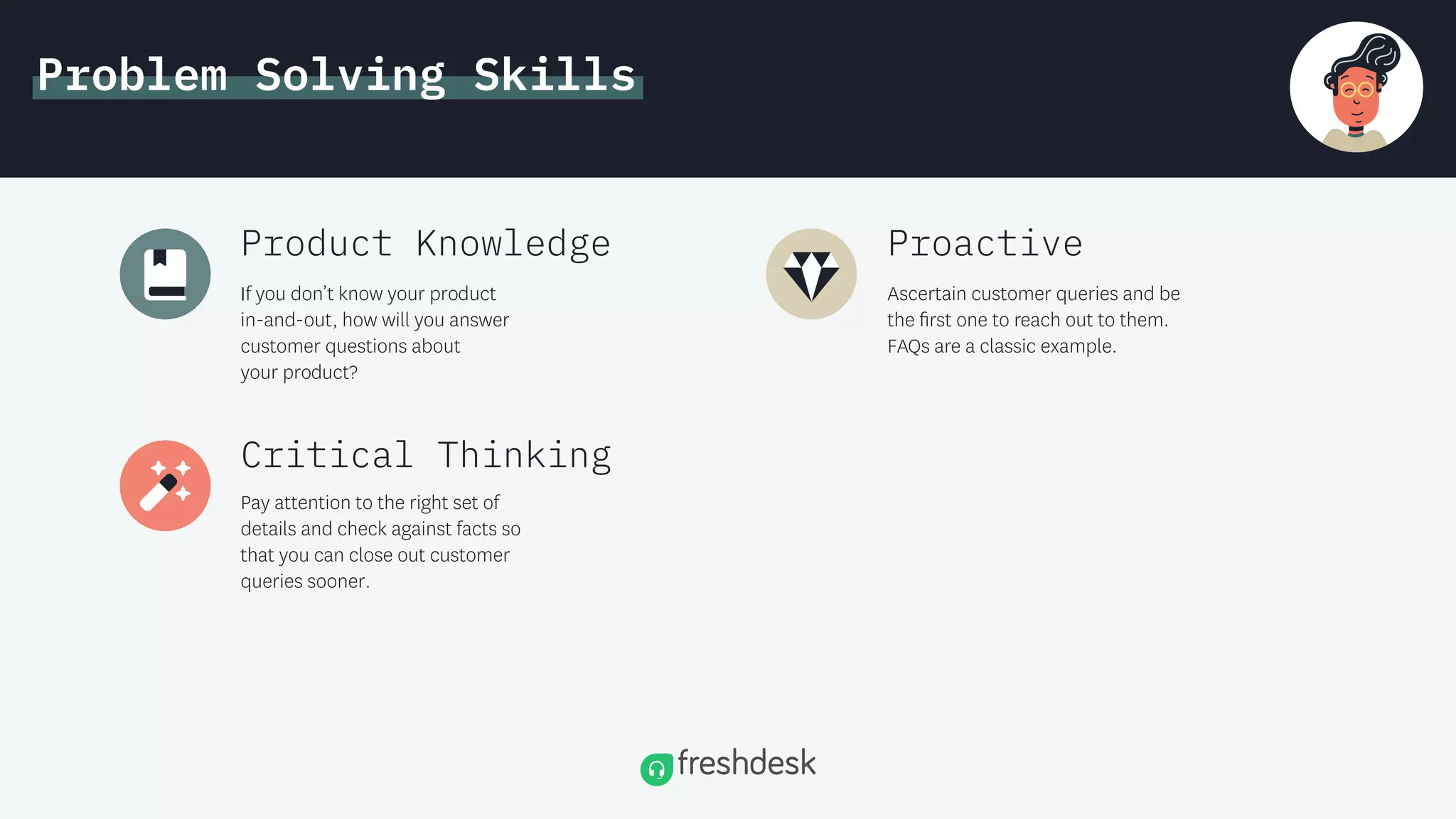 Problem Solving Skills
If you don’t know your product
in-and-out, how will you answer
customer questions about
your product?
Product Knowledge
Ascertain customer queries and be
the ﬁrst one to reach out to them.
FAQs are a classic example.
Proactive
Pay attention to the right set of
details and check against facts so
that you can close out customer
queries sooner.
Critical Thinking
 