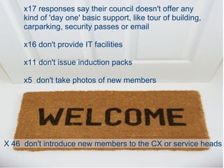 x17 responses say their council doesn't offer any kind of 'day one' basic support, like tour of building, carparking, security passes or email x16 don't provide IT facilities x11 don't issue induction packs x5  don't take photos of new members X 46  don't introduce new members to the CX or service heads 