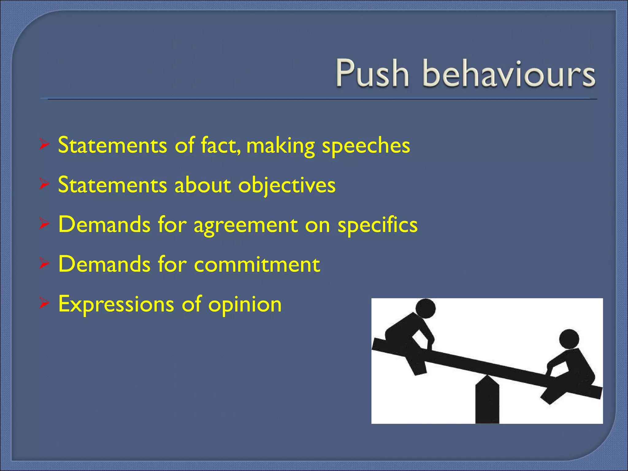 Statements of fact, making speeches Statements about objectives Demands for agreement on specifics Demands for commitment Expressions of opinion 
