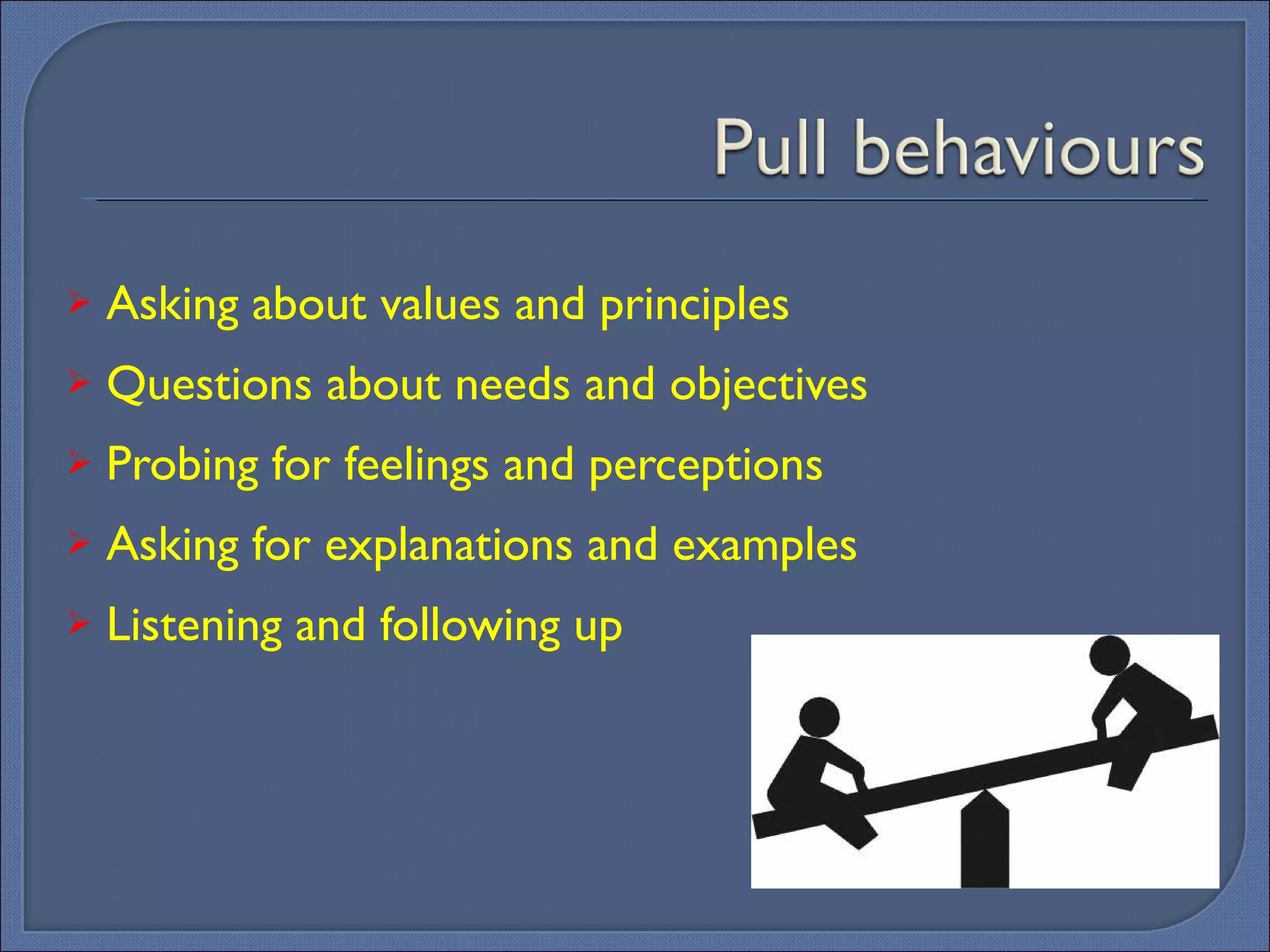 Asking about values and principles Questions about needs and objectives Probing for feelings and perceptions Asking for explanations and examples Listening and following up 