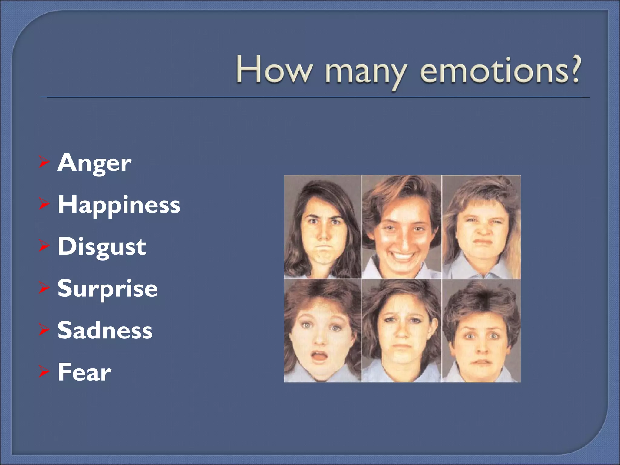 Anger Happiness  Disgust Surprise Sadness Fear 