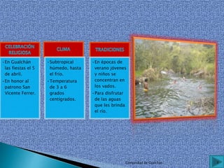 •En Gualchán
las fiestas el 5
de abril.
•En honor al
patrono San
Vicente Ferrer.
•Subtropical
húmedo, hasta
el frío.
•Temperatura
de 3 a 6
grados
centígrados.
•En épocas de
verano jóvenes
y niños se
concentran en
los vados.
•Para disfrutar
de las aguas
que les brinda
el río.
3Comunidad de Gualchán
 