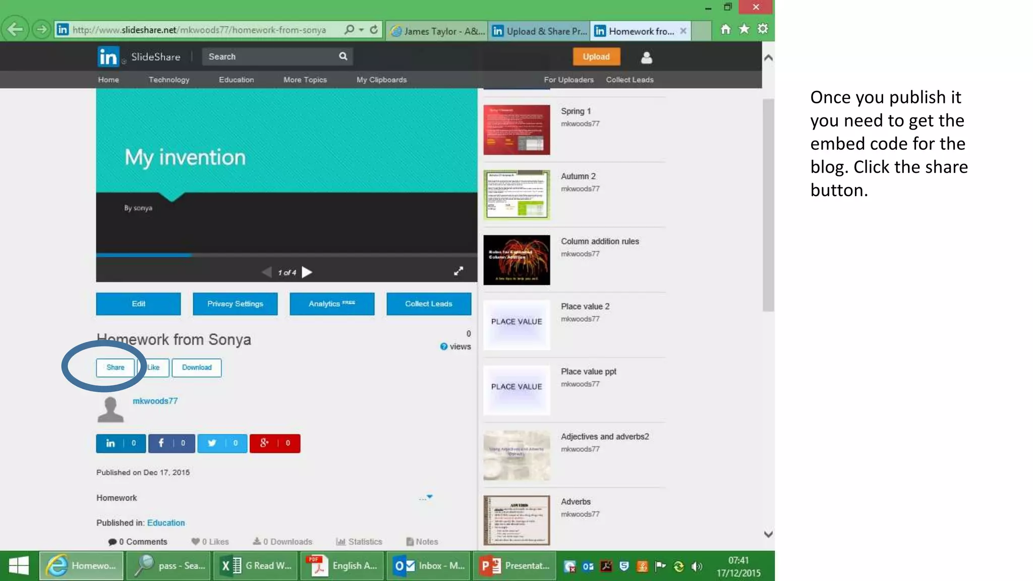 Once you publish it
you need to get the
embed code for the
blog. Click the share
button.