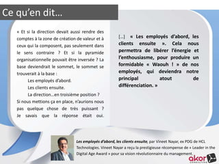 Ce qu’en dit… 
« Et si la direction devait aussi rendre des 
comptes à la zone de création de valeur et à 
ceux qui la composent, pas seulement dans 
le sens contraire ? Et si la pyramide 
organisationnelle pouvait être inversée ? La 
base deviendrait le sommet, le sommet se 
trouverait à la base : 
Les employés d’abord. 
Les clients ensuite. 
La direction…en troisième position ? 
Si nous mettions ça en place, n’aurions nous 
pas quelque chose de très puissant ? 
Je savais que la réponse était oui. 
[…] « Les employés d’abord, les 
clients ensuite ». Cela nous 
permettra de libérer l’énergie et 
l’enthousiasme, pour produire un 
formidable « Waouh ! » de nos 
employés, qui deviendra notre 
principal atout de 
différenciation. » 
Les employés d’abord, les clients ensuite, par Vineet Nayar, ex PDG de HCL 
Technologies. Vineet Nayar a reçu la prestigieuse récompense de « Leader in the 
Digital Age Award » pour sa vision révolutionnaire du management. 
 