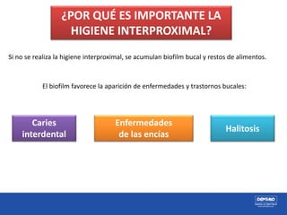 Si no se realiza la higiene interproximal, se acumulan biofilm bucal y restos de alimentos.
El biofilm favorece la aparición de enfermedades y trastornos bucales:
Caries
interdental
Enfermedades
de las encías
Halitosis
¿POR QUÉ ES IMPORTANTE LA
HIGIENE INTERPROXIMAL?
 