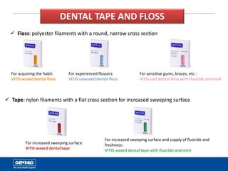  Floss: polyester filaments with a round, narrow cross section
For acquiring the habit:
VITIS waxed dental floss
For experienced flossers:
VITIS unwaxed dental floss
For sensitive gums, braces, etc.:
VITIS soft dental floss with fluoride and mint
 Tape: nylon filaments with a flat cross section for increased sweeping surface
For increased sweeping surface and supply of fluoride and
freshness:
VITIS waxed dental tape with fluoride and mint
For increased sweeping surface:
VITIS waxed dental tape
DENTAL TAPE AND FLOSS
 