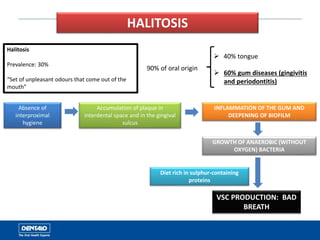 HALITOSIS
Halitosis
Prevalence: 30%
“Set of unpleasant odours that come out of the
mouth”
90% of oral origin
 40% tongue
 60% gum diseases (gingivitis
and periodontitis)
Absence of
interproximal
hygiene
Accumulation of plaque in
interdental space and in the gingival
sulcus
INFLAMMATION OF THE GUM AND
DEEPENING OF BIOFILM
GROWTH OF ANAEROBIC (WITHOUT
OXYGEN) BACTERIA
VSC PRODUCTION: BAD
BREATH
Diet rich in sulphur-containing
proteins
 