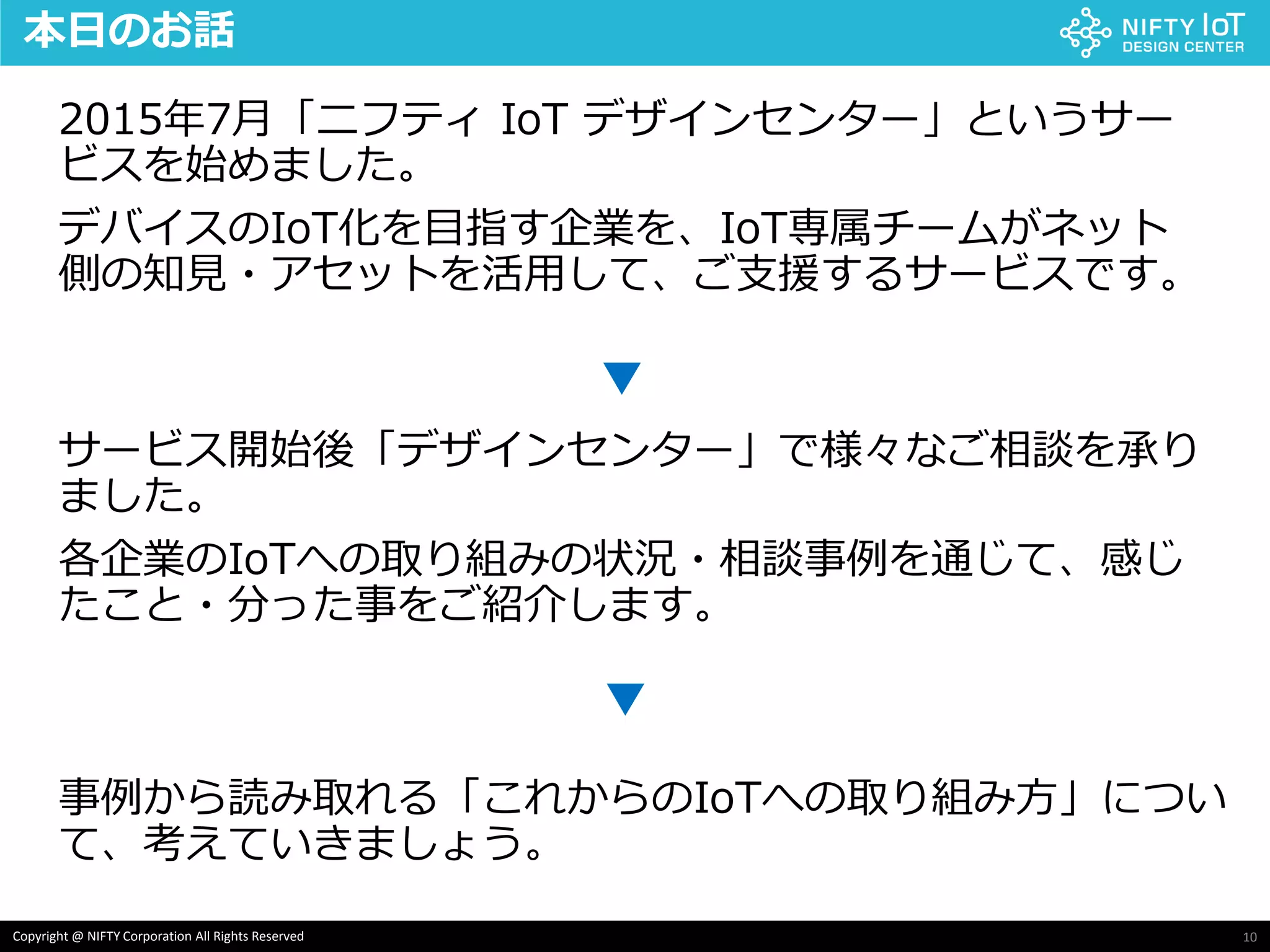 10Copyright @ NIFTY Corporation All Rights Reserved
本日のお話
2015年7月「ニフティ IoT デザインセンター」というサー
ビスを始めました。
デバイスのIoT化を目指す企業を、IoT専属チームがネット
側の知見・アセットを活用して、ご支援するサービスです。
サービス開始後「デザインセンター」で様々なご相談を承り
ました。
各企業のIoTへの取り組みの状況・相談事例を通じて、感じ
たこと・分った事をご紹介します。
事例から読み取れる「これからのIoTへの取り組み方」につい
て、考えていきましょう。
▼
▼
 