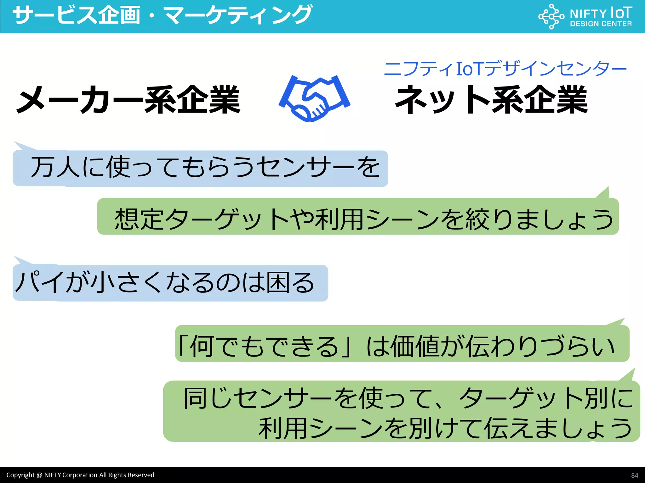 84Copyright @ NIFTY Corporation All Rights Reserved
サービス企画・マーケティング
メーカー系企業 ネット系企業
ニフティIoTデザインセンター
万人に使ってもらうセンサーを
想定ターゲットや利用シーンを絞りましょう
パイが小さくなるのは困る
同じセンサーを使って、ターゲット別に
利用シーンを別けて伝えましょう
「何でもできる」は価値が伝わりづらい
 