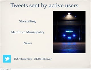 Tweets sent by active users

                          Storytelling


                  Alert from Municipality


        ...